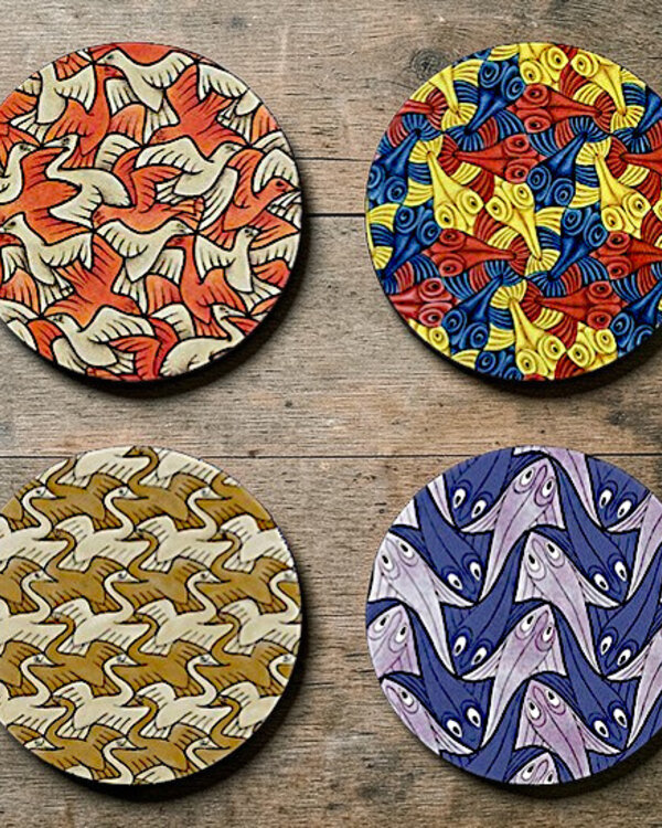 Escher Onderzetters set van 4 – Vogels & vissen in oneindig patroon