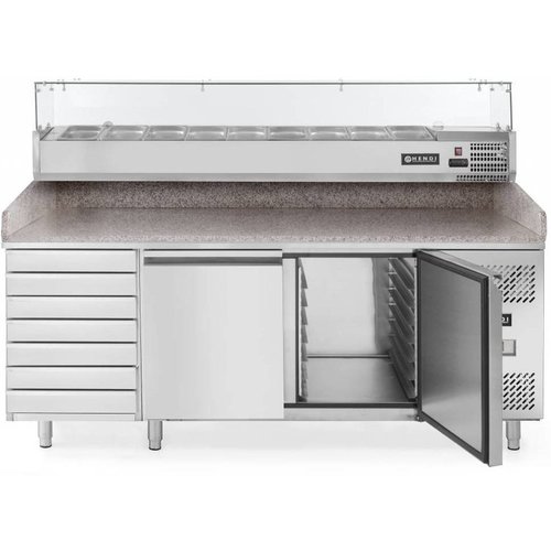 Hendi 2-door pizza cooling table with 7 drawers and a granite countertop 580L | 2020x800x (H) 1110mm