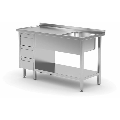 XXLselect Stół ze zlewem, półką i szafką z 3 szufladami | 400x400x(H)250mm | szer:1000-1900mm | gł:600mm