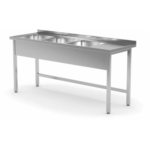 XXLselect Stół z trzema zlewami bez półki | komory 400x400x(H)250mm po lewej | szer: 1500 - 1900mm | gł: 700mm