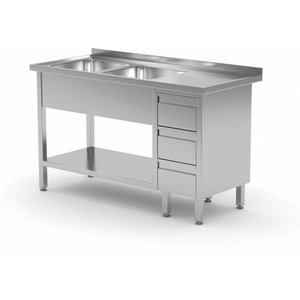 XXLselect Stół z 2 zlewami, półką i szafką z 3 szufladami | 400x400x(H)250mm | szer:1400-2000mm | gł:600mm