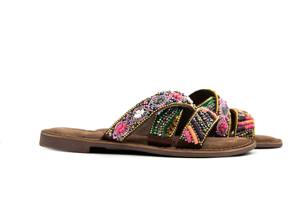 Lazamani Lazamani Slipper Tan Multi Beads