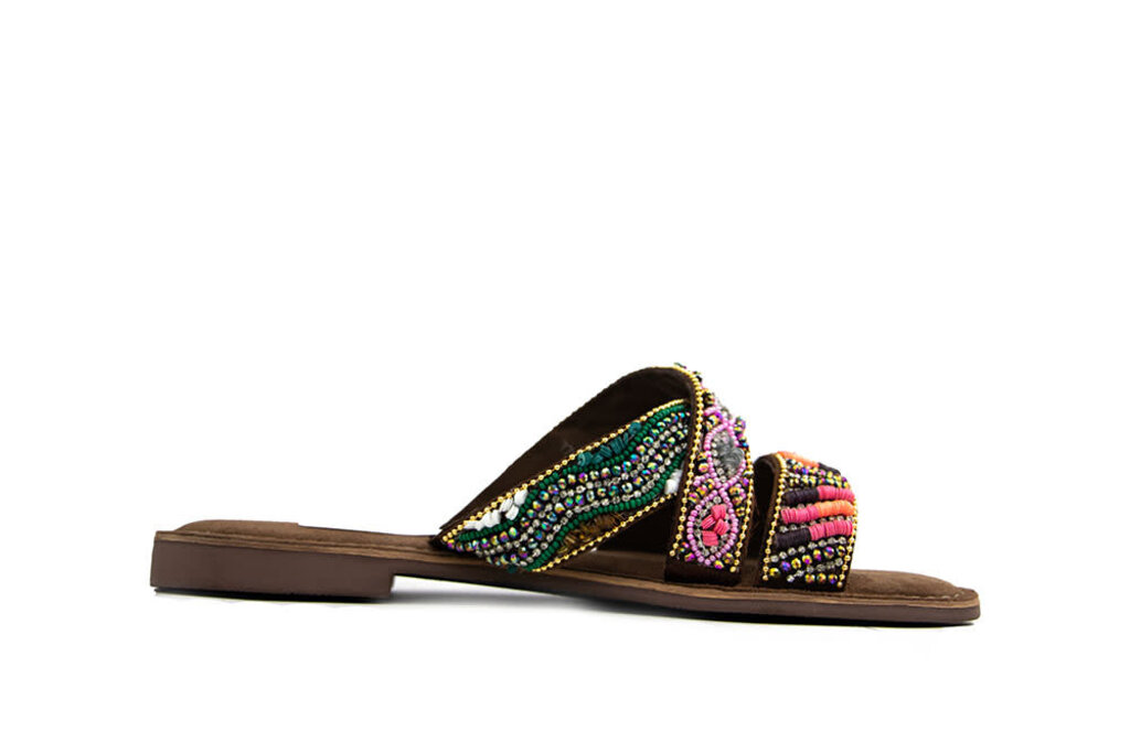 Lazamani Lazamani Slipper Tan Multi Beads