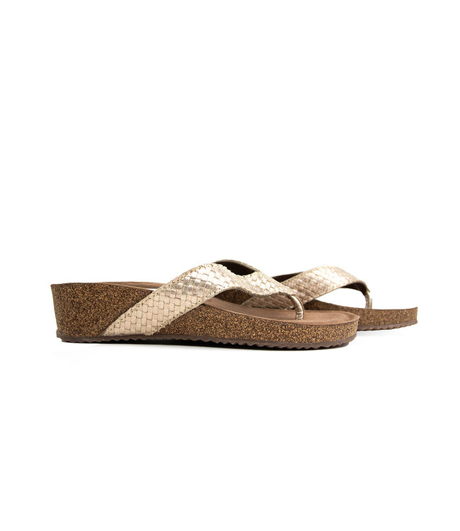 Lazamani Toe Post Slippers Weave Wedge Gold