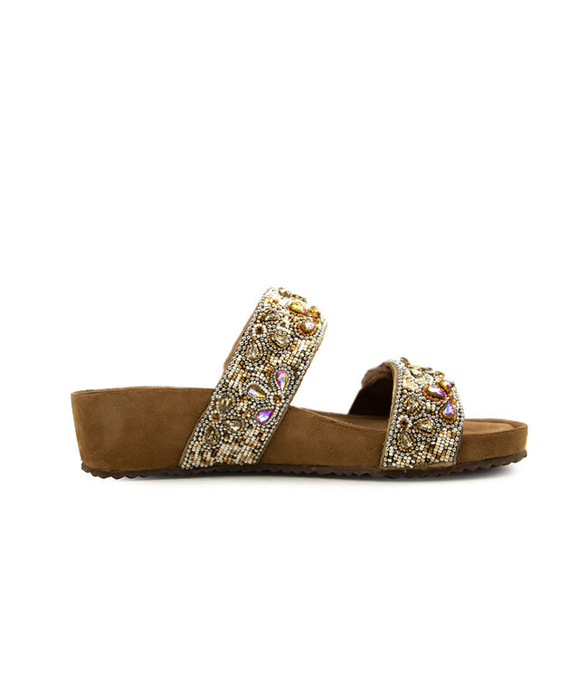 Lazamani Bo Flower Beads Two Strap Mules Beige