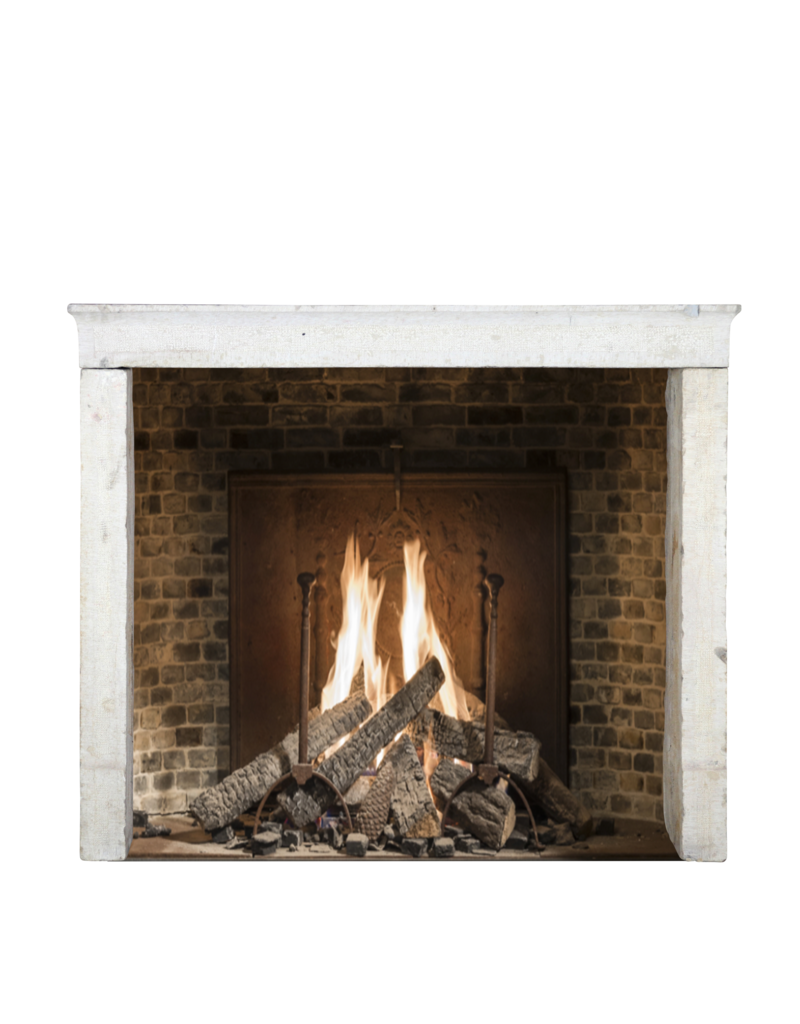 Straight Lined French Rustic Shiny Limestone Fireplace Mantle