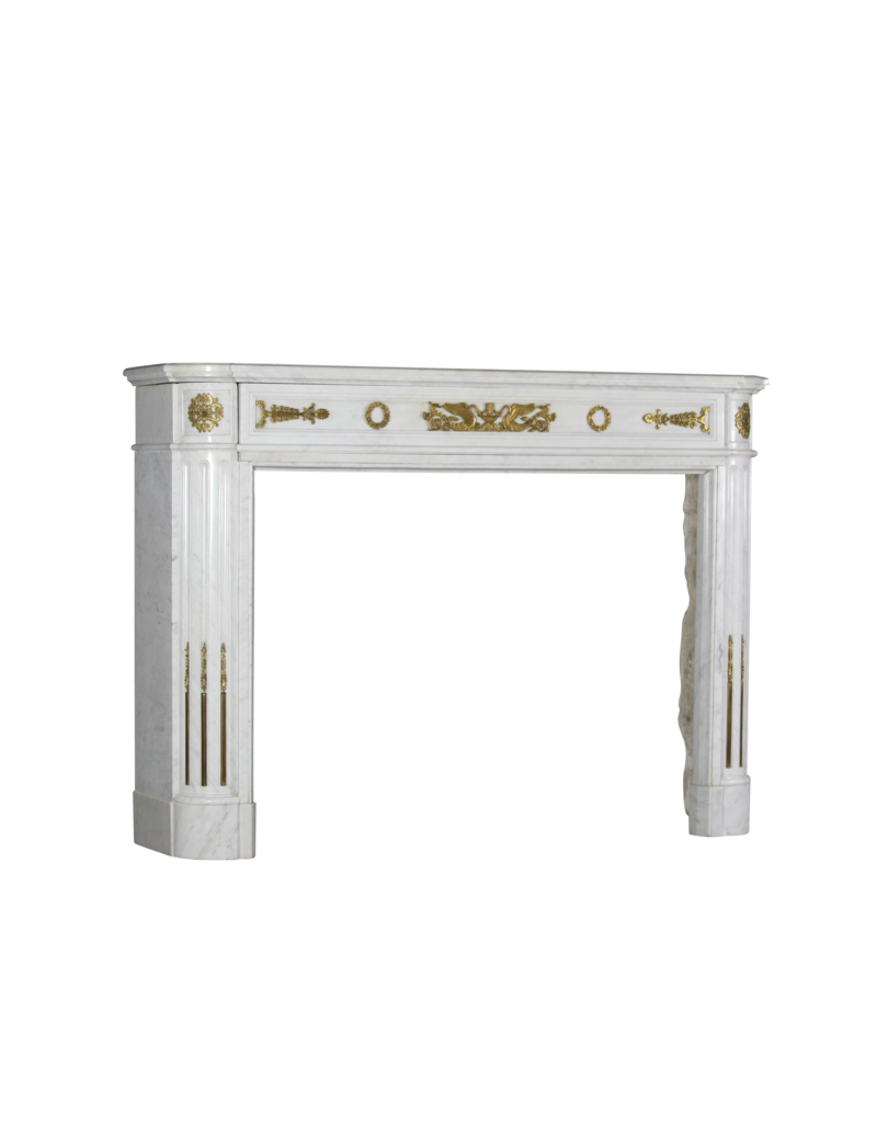 A Statuary White Marble French Vintage Fireplace Surround With Brass