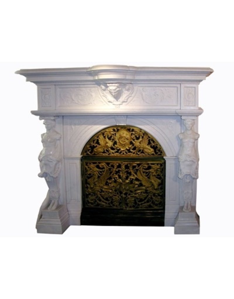 Antique Fireplace Surround In White Marble With Statues