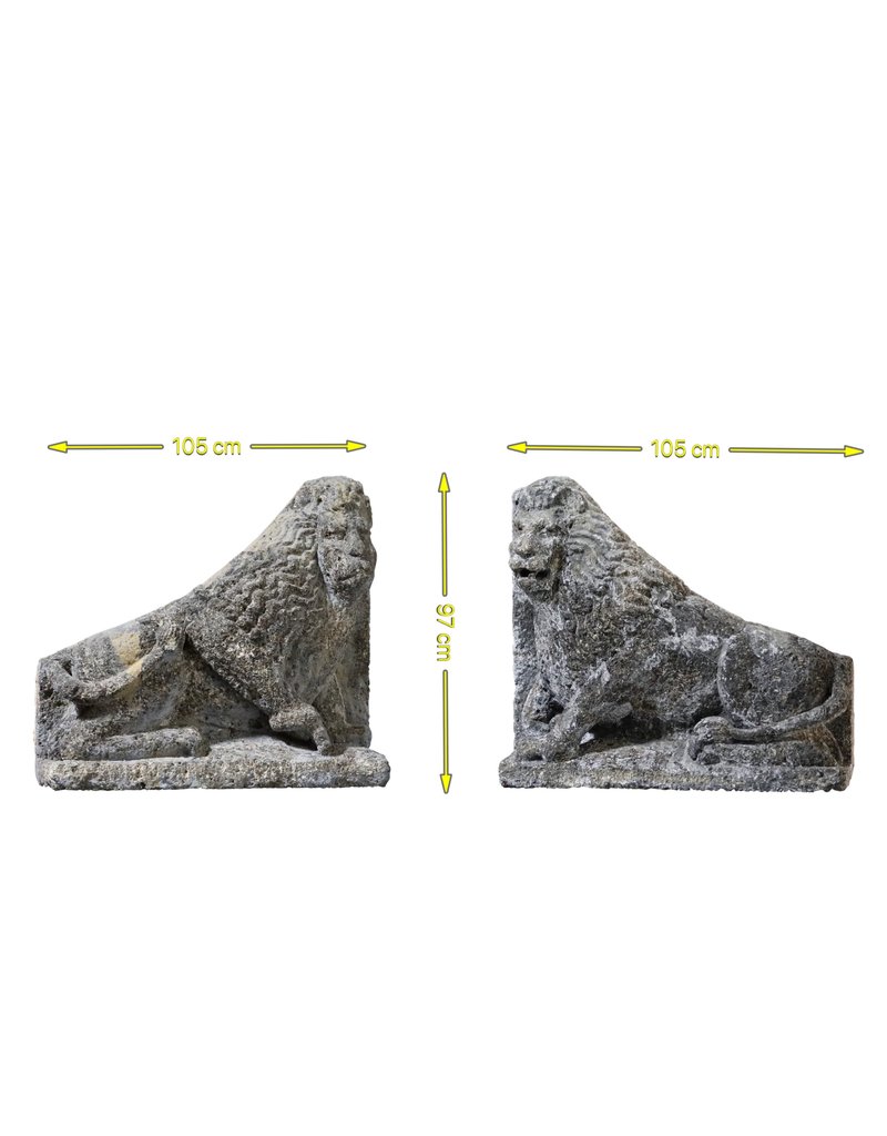 Antiguo Par De Leones De Piedra Caliza