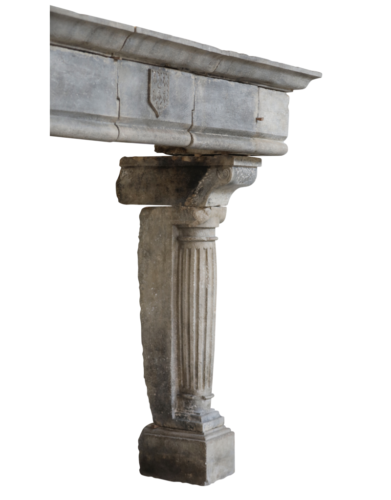 Strong Feudal Antique Fireplace Surround In Hard Limestone