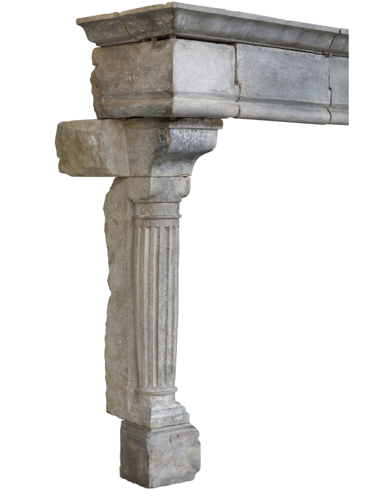 Strong Feudal Antique Fireplace Surround In Hard Limestone