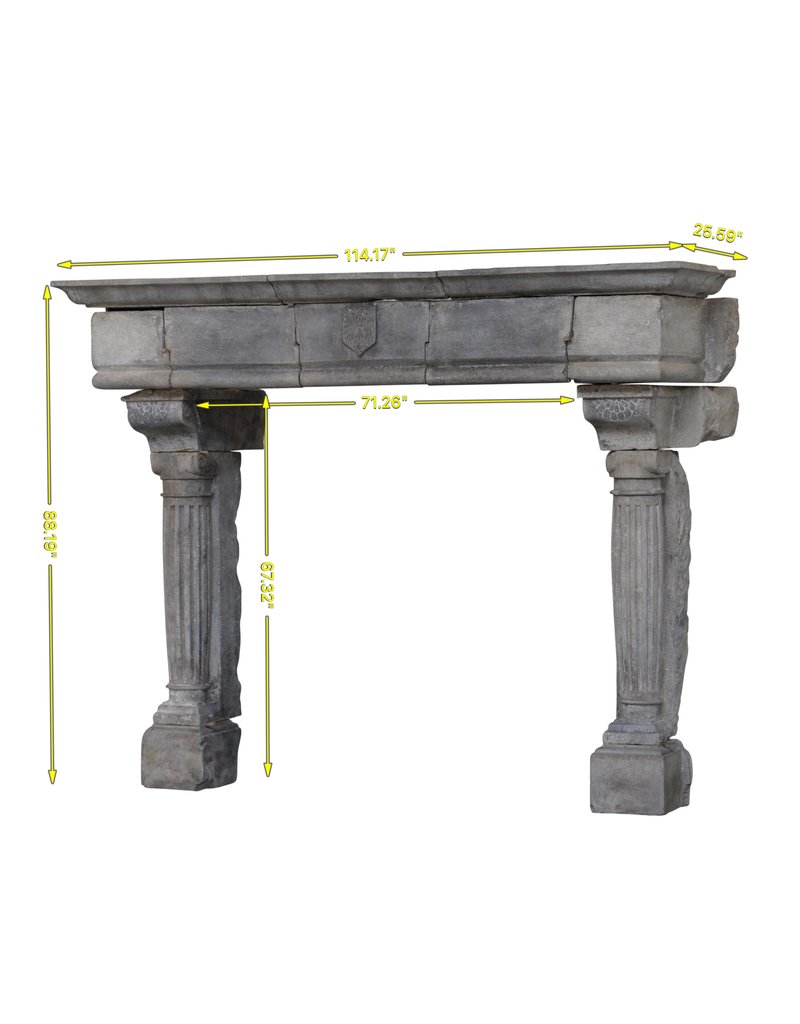 Strong Feudal Antique Fireplace Surround In Hard Limestone