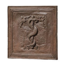 Gusseiserner Feuerplatte mit Asklepios-Symbol