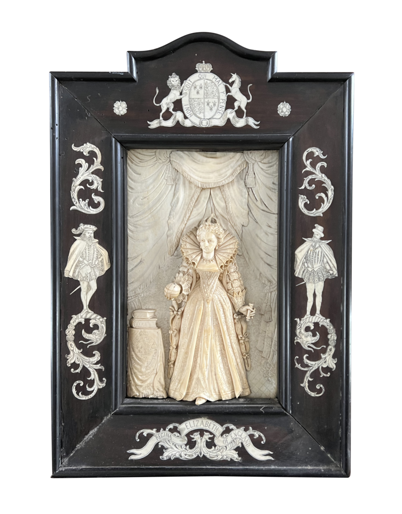 Maison Leon Van den Bogaert Panneau Antique En Ivoire Et Bois Regina Elizabeth D'angleterre
