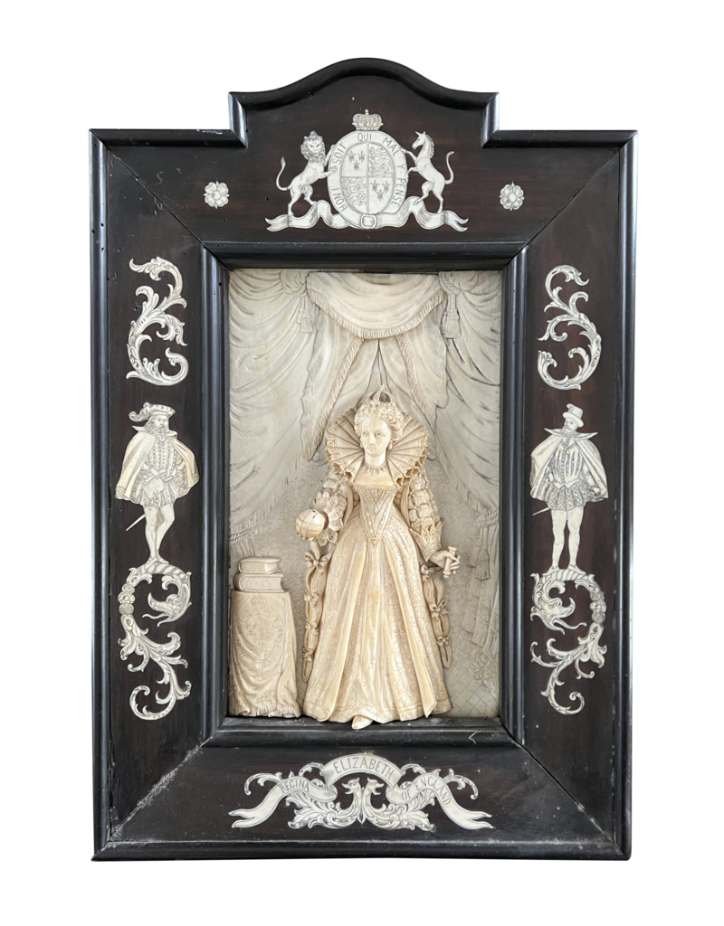 Regina Elizabeth von England Antikes Elfenbein- und Holzpaneel