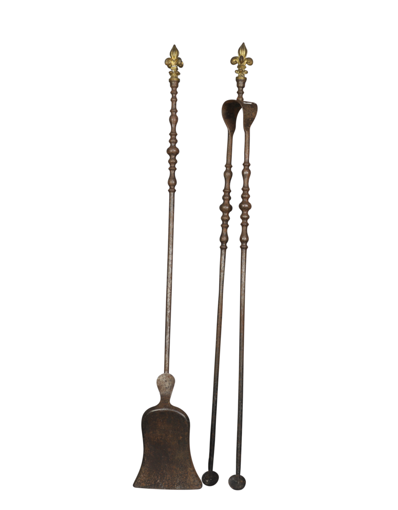 Maison Leon Van den Bogaert Französisches Kaminbesteck-set aus eisen mit fleur-de-lys-Details aus messing