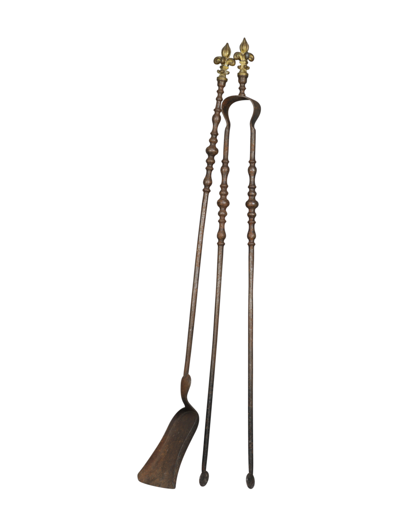 Maison Leon Van den Bogaert Französisches Kaminbesteck-set aus eisen mit fleur-de-lys-Details aus messing