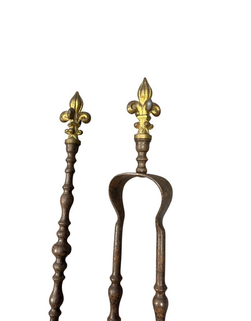 Maison Leon Van den Bogaert Französisches Kaminbesteck-set aus eisen mit fleur-de-lys-Details aus messing
