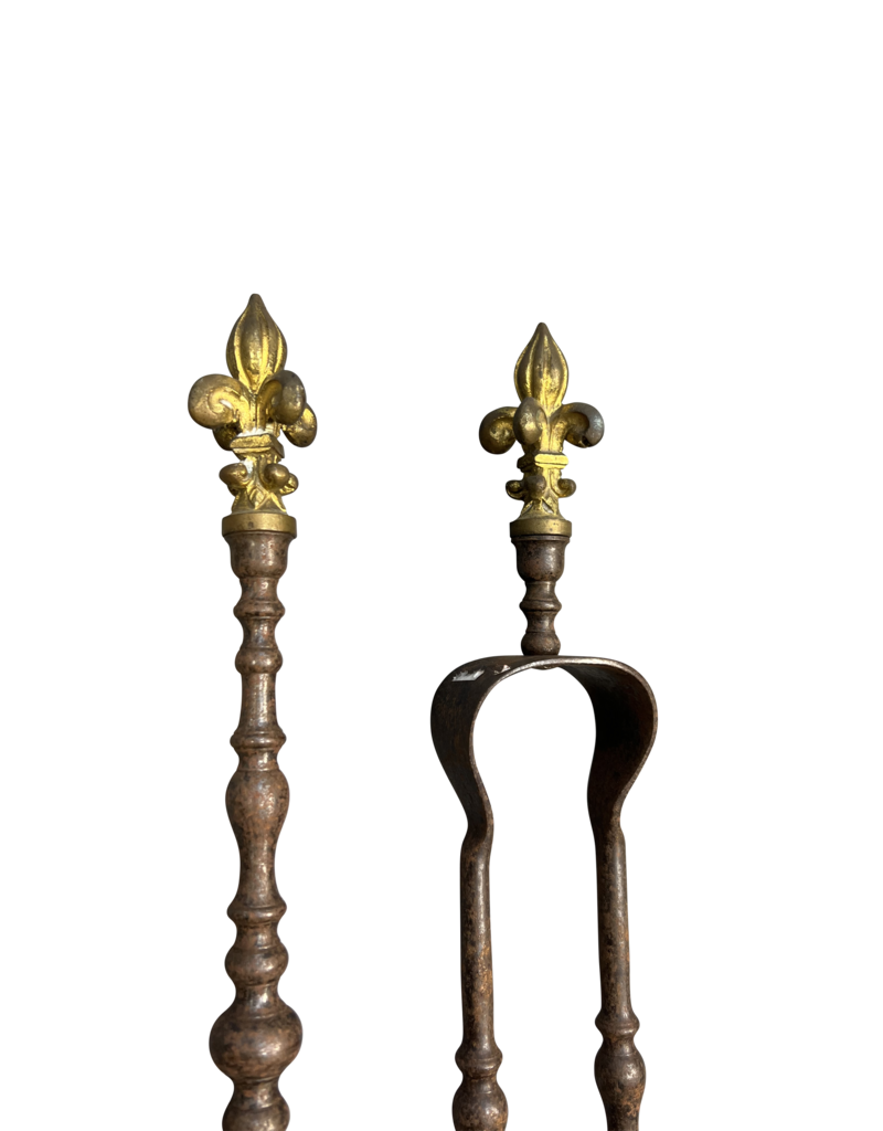Maison Leon Van den Bogaert Französisches Kaminbesteck-set aus eisen mit fleur-de-lys-Details aus messing