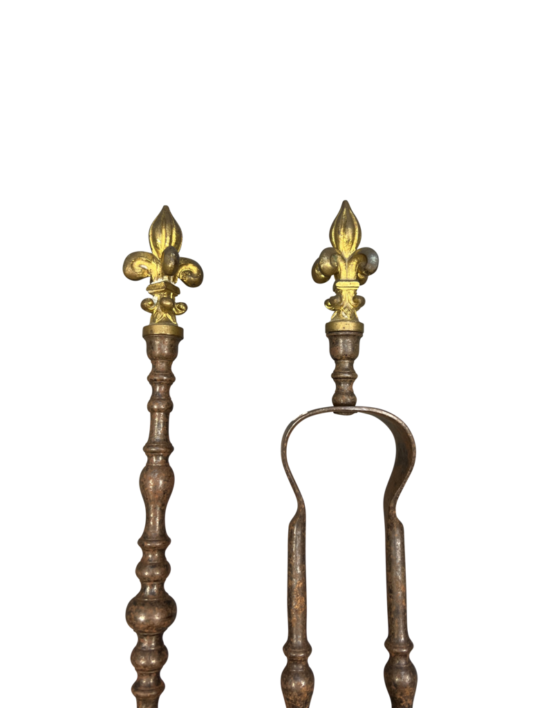 Maison Leon Van den Bogaert Französisches Kaminbesteck-set aus eisen mit fleur-de-lys-Details aus messing
