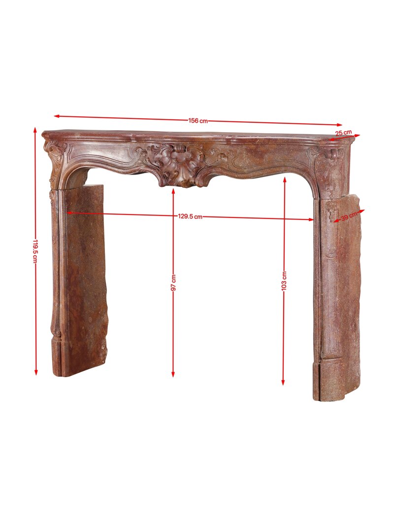 18th-Century Rococo Ornamental Fireplace In Reddish-Brown Stone or Porphyry-Like Marble Stone