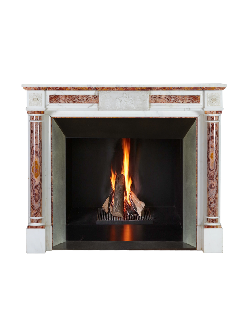 Maison Leon Van den Bogaert Neoclassical Marble Fireplace Mantel In White Marble With Red Persian Onyx Details