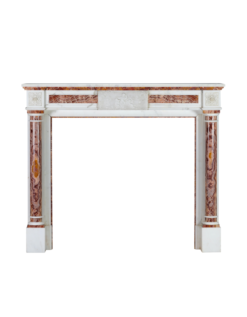 Maison Leon Van den Bogaert Neoclassical Marble Fireplace Mantel In White Marble With Red Persian Onyx Details