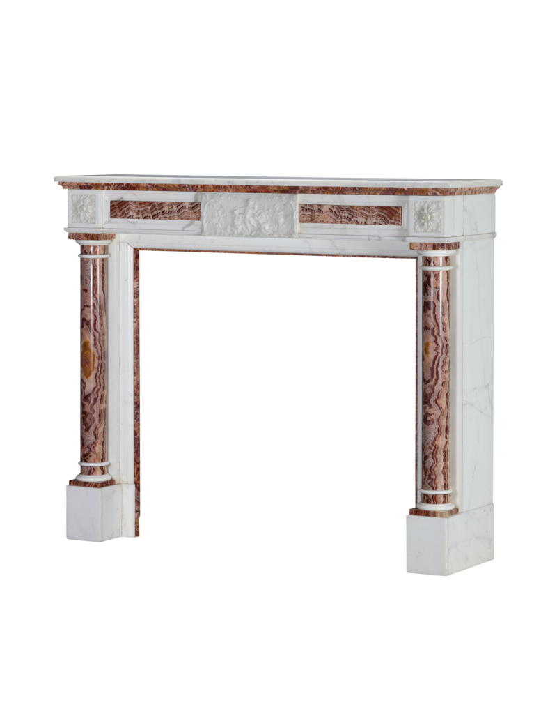 Maison Leon Van den Bogaert Neoclassical Marble Fireplace Mantel In White Marble With Red Persian Onyx Details