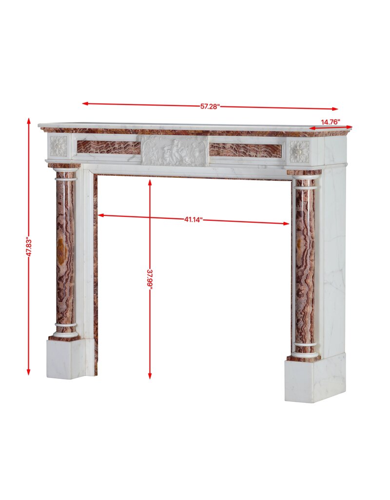 Maison Leon Van den Bogaert Neoclassical Marble Fireplace Mantel In White Marble With Red Persian Onyx Details