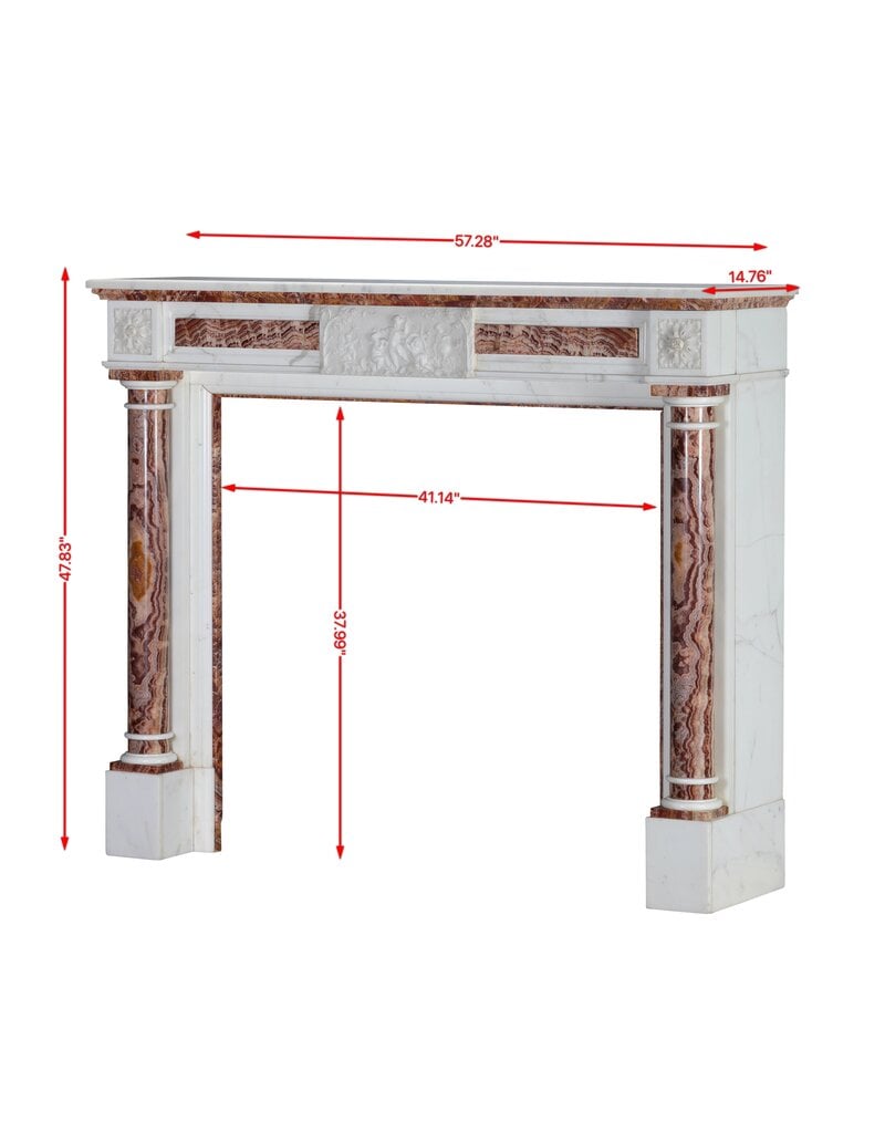Maison Leon Van den Bogaert Neoklassieke Marmeren Schouwmantel In Wit Marmer Met Rode Perzische Onyxdetails