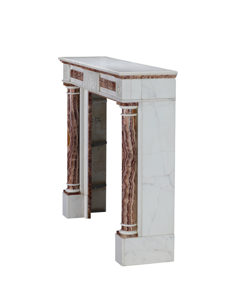 Maison Leon Van den Bogaert Neoclassical Marble Fireplace Mantel In White Marble With Red Persian Onyx Details