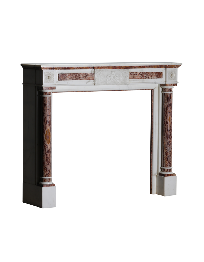 Maison Leon Van den Bogaert Neoklassieke Marmeren Schouwmantel In Wit Marmer Met Rode Perzische Onyxdetails