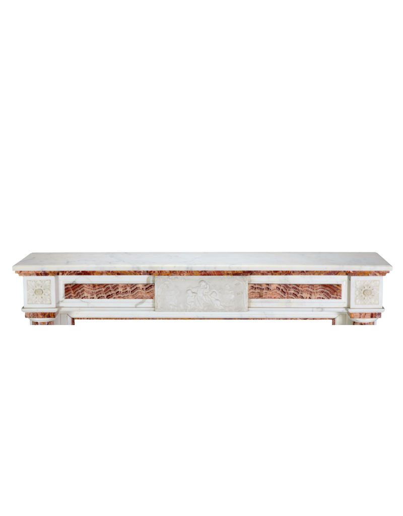 Maison Leon Van den Bogaert Neoklassieke Marmeren Schouwmantel In Wit Marmer Met Rode Perzische Onyxdetails