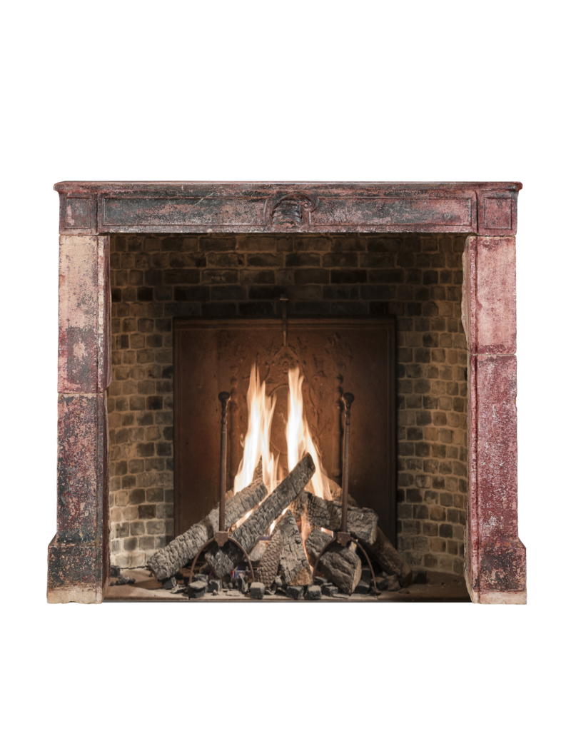 Maison Leon Van den Bogaert 16th Century French Limestone Fireplace Mantel With Original Paint Layers and Sculpted Jester’s Cap – “Dans son Jus” Castle Mantel
