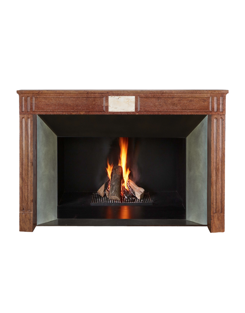 Maison Leon Van den Bogaert Louis XVI Red Stone Fireplace - Marble Inlay - Traditional Chic Library Style - Antique Fireplace