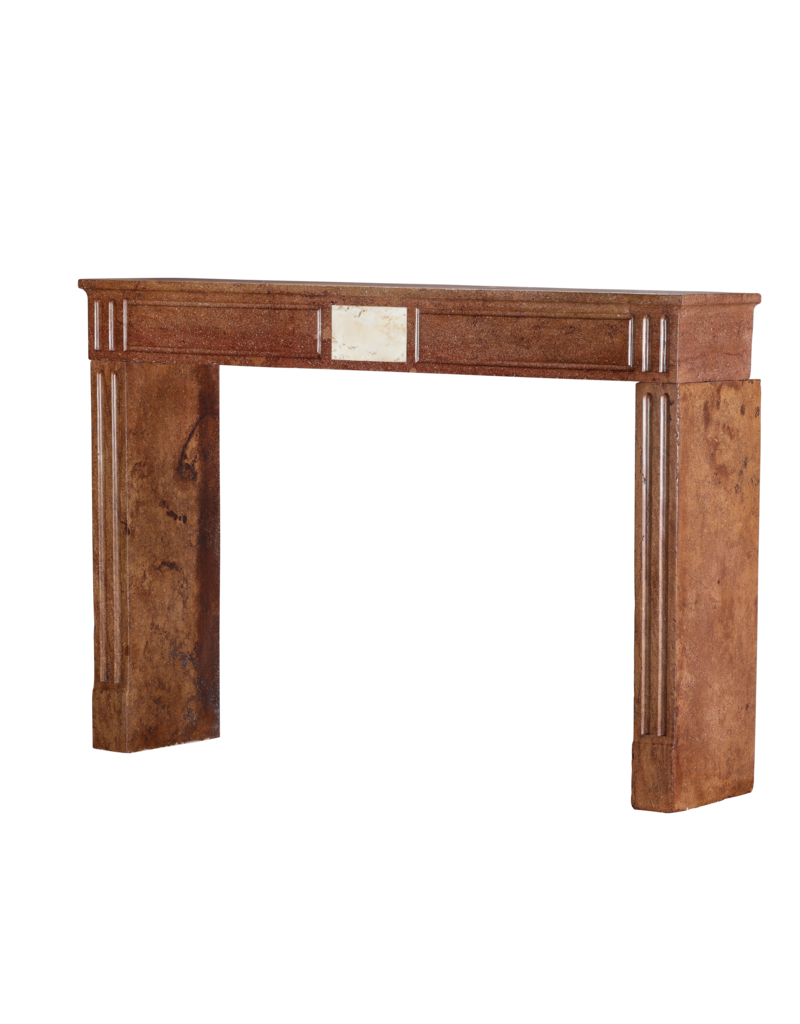 Maison Leon Van den Bogaert Louis XVI Red Stone Fireplace - Marble Inlay - Traditional Chic Library Style - Antique Fireplace