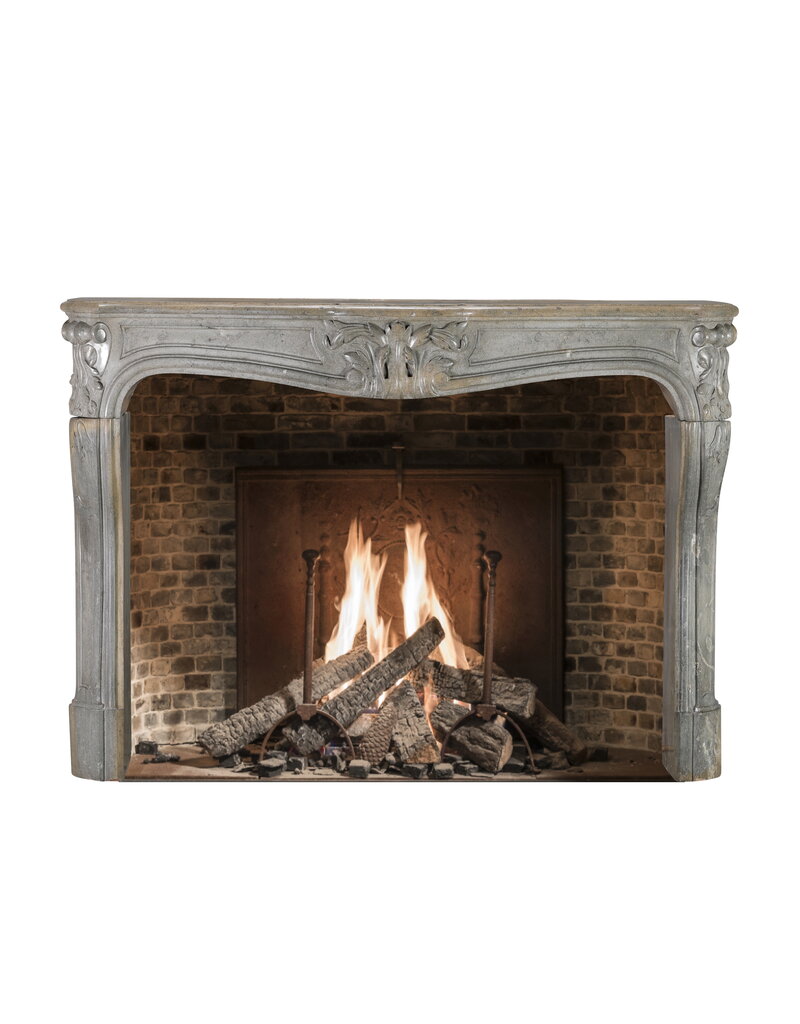 Maison Leon Van den Bogaert Authentic 18th Century French Regency Fireplace Surround in Bicolor Grey-Bleu Hard Stone with Refined Carvings – Antique Mantel for Timeless Eclectic Interiors