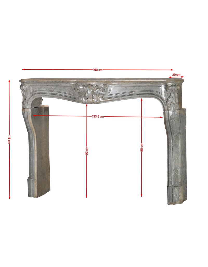 Authentieke 18e-Eeuwse Franse Régence Schouw In Bicolor Grijs-Blauw Hardsteen Met Verfijnde Sculpture – Antieke Mantel Voor Tijdloze Eclectische Interieurs