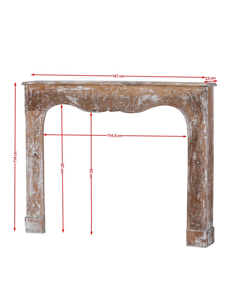 Maison Leon Van den Bogaert Authentic 19th Century French Rococo Fireplace Mantel in Patinated Wood with Hand-Carved Floral and Shell Ornaments