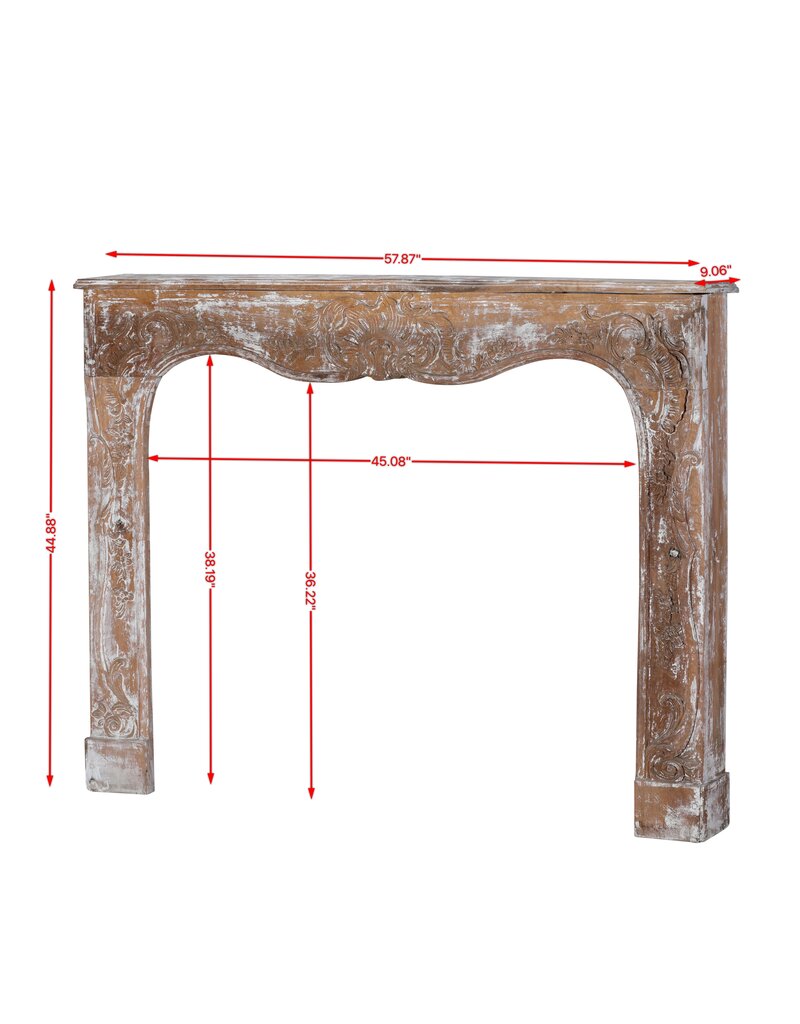 Maison Leon Van den Bogaert Authentic 19th Century French Rococo Fireplace Mantel in Patinated Wood with Hand-Carved Floral and Shell Ornaments