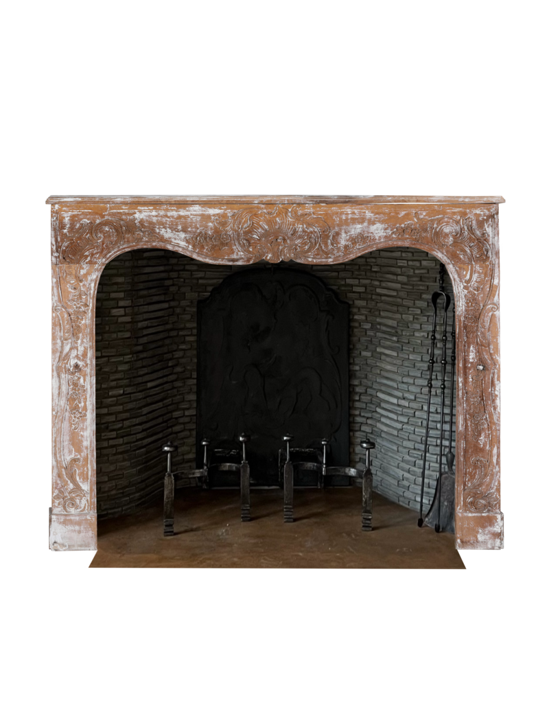 Maison Leon Van den Bogaert Authentic 19th Century French Rococo Fireplace Mantel in Patinated Wood with Hand-Carved Floral and Shell Ornaments
