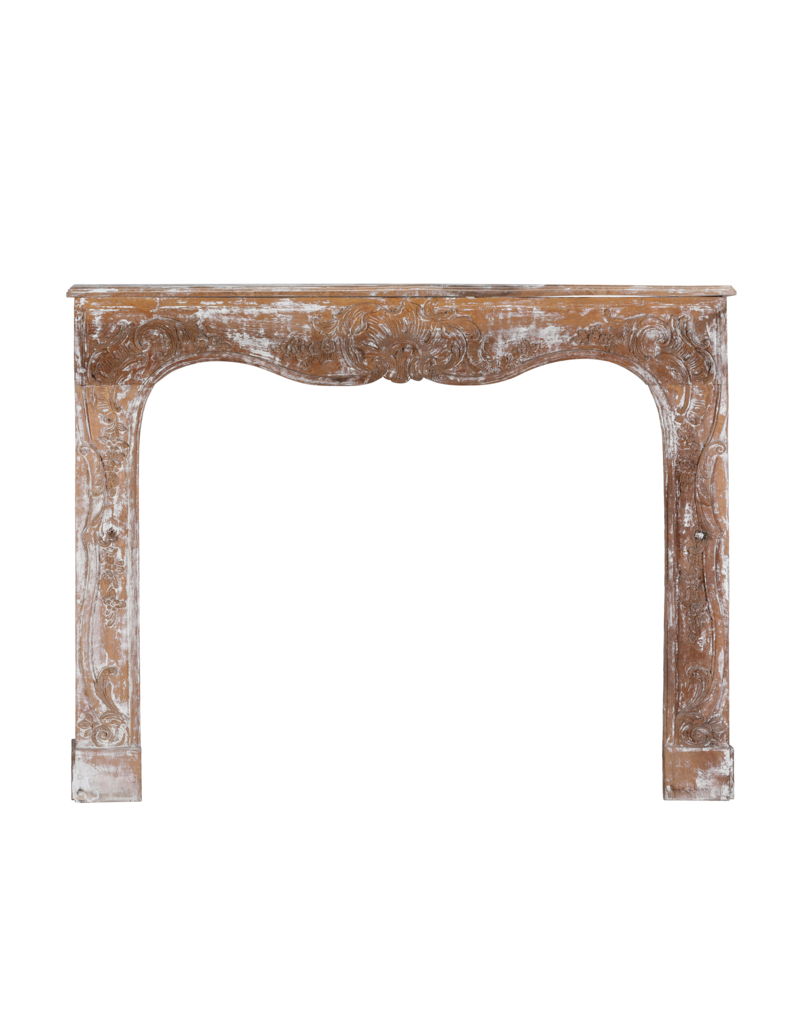 Maison Leon Van den Bogaert Authentic 19th Century French Rococo Fireplace Mantel in Patinated Wood with Hand-Carved Floral and Shell Ornaments