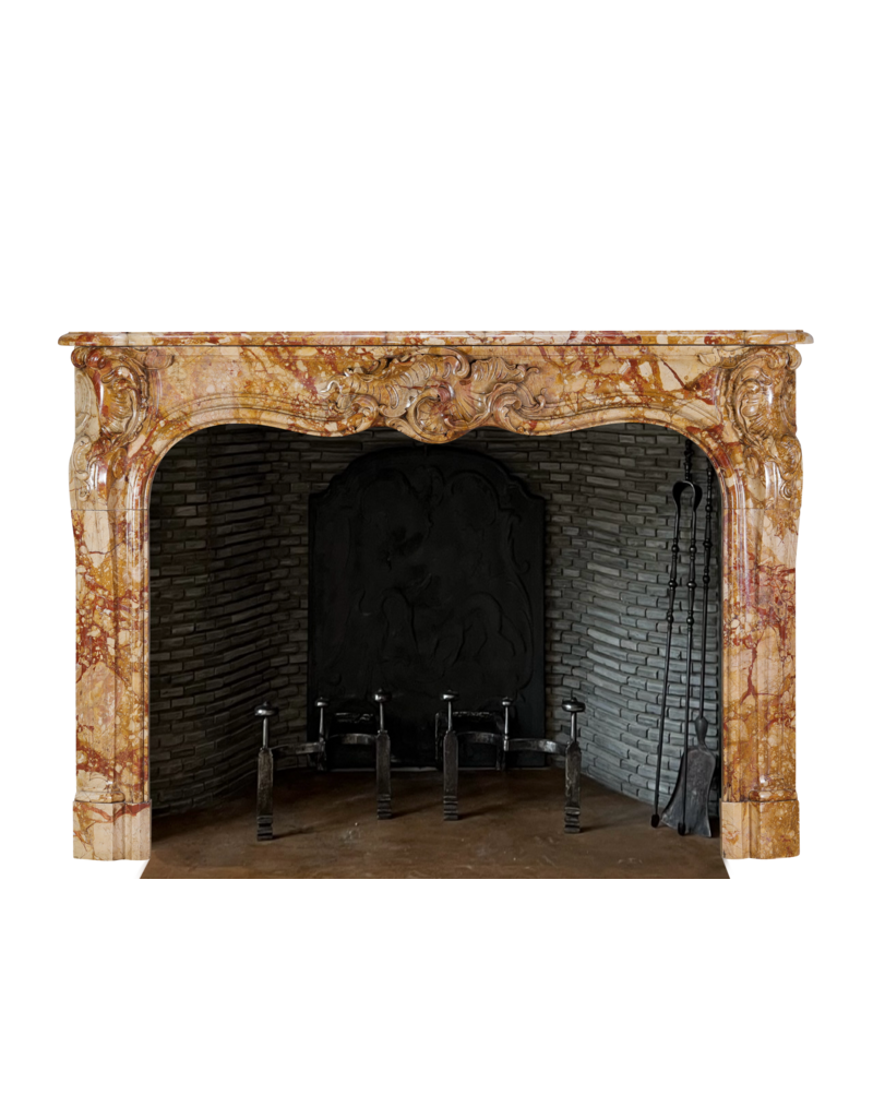 Maison Leon Van den Bogaert Authentic 18th Century French Regency Rococo Fireplace Mantel in Royal Veined Marble – Hand-Carved Palladian Masterpiece from the Age of Pleasure and Aristocratic Display