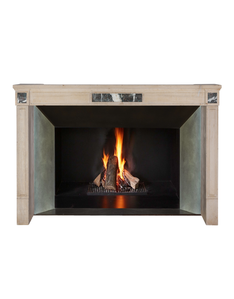 Maison Leon Van den Bogaert Authentic French Fireplace Mantel in Hard Limestone With Griotte Rubanée Marble Inlays – Elegant Beige Stone Surround for Modern, Classic or Contemporary Interiors