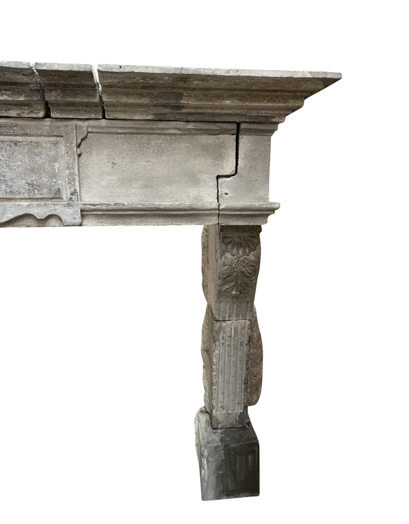 Maison Leon Van den Bogaert Monumental Authentic French Renaissance Castle Fireplace Surround in Aged French Limestone – Hand‑Carved Acanthus & Volute Jambs, 218 cm W × 180 cm H