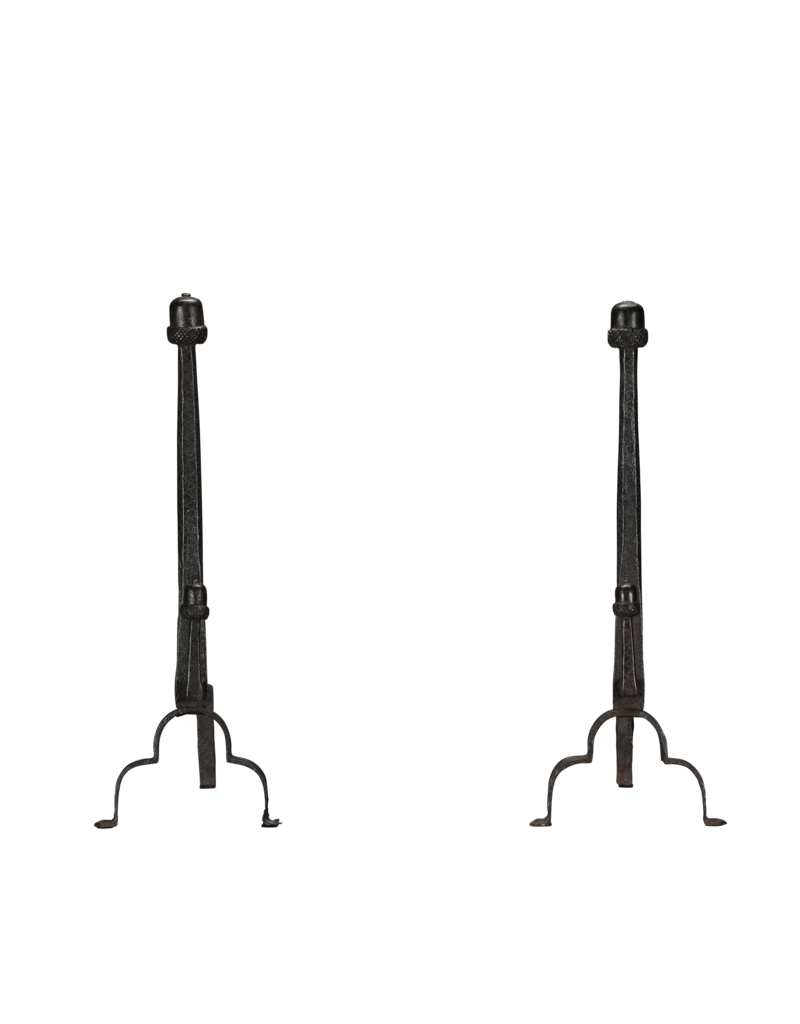 Maison Leon Van den Bogaert Exceptional 15th-Century Pair of Wrought Iron Andirons with Acorn Finials  Long Title