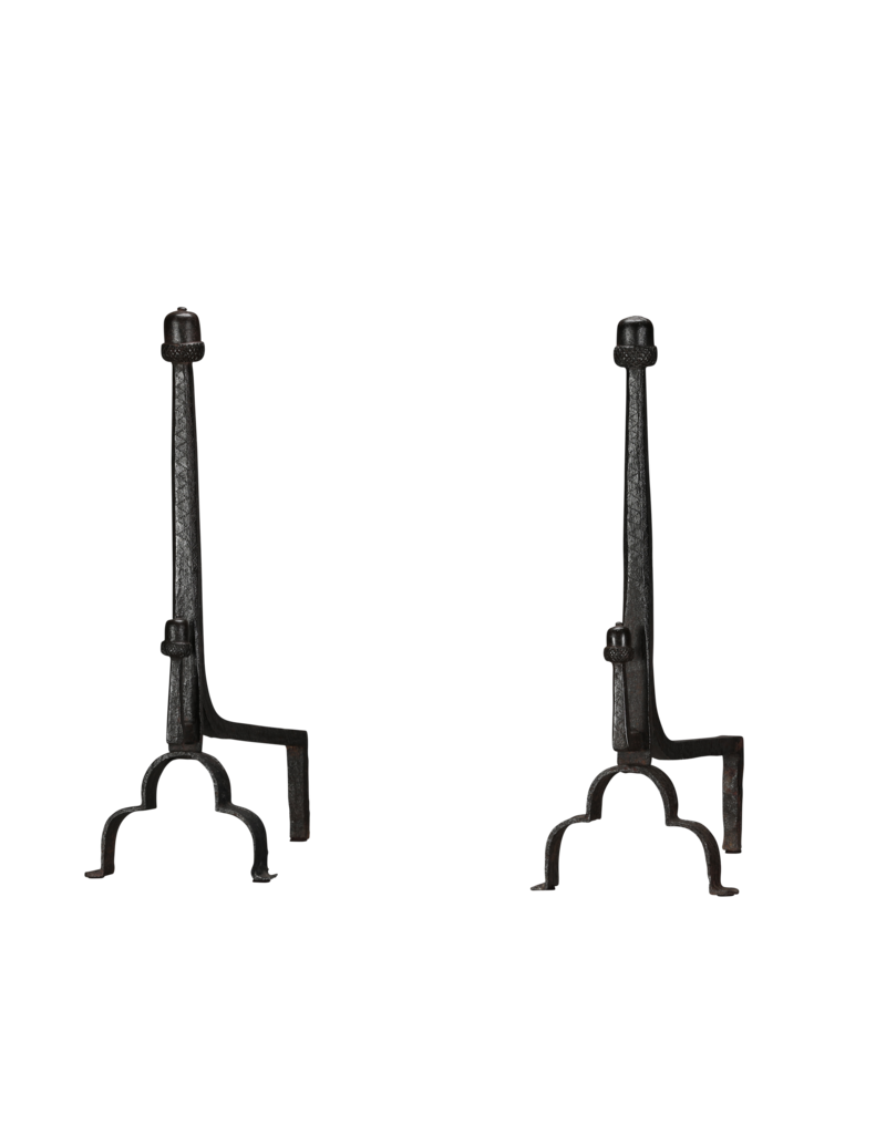 Maison Leon Van den Bogaert Exceptional 15th-Century Pair of Wrought Iron Andirons with Acorn Finials  Long Title
