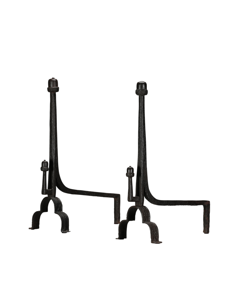 Maison Leon Van den Bogaert Exceptional 15th-Century Pair of Wrought Iron Andirons with Acorn Finials  Long Title