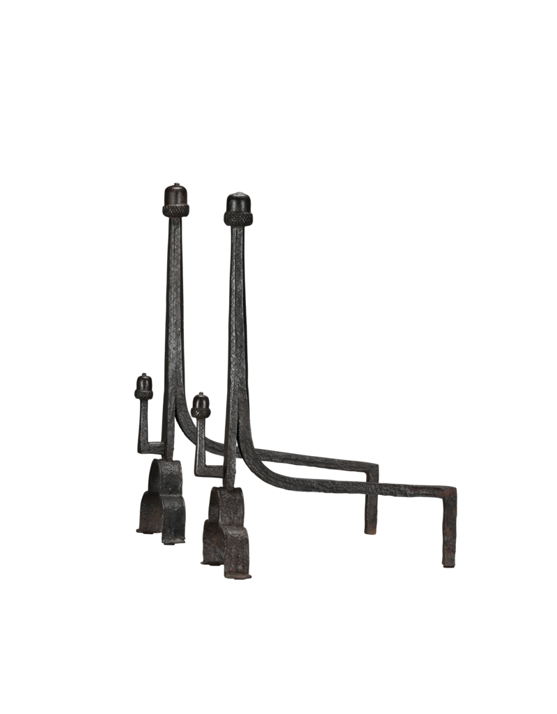Maison Leon Van den Bogaert Exceptional 15th-Century Pair of Wrought Iron Andirons with Acorn Finials  Long Title