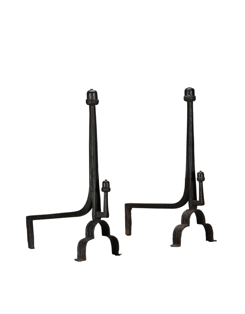 Maison Leon Van den Bogaert Exceptional 15th-Century Pair of Wrought Iron Andirons with Acorn Finials  Long Title
